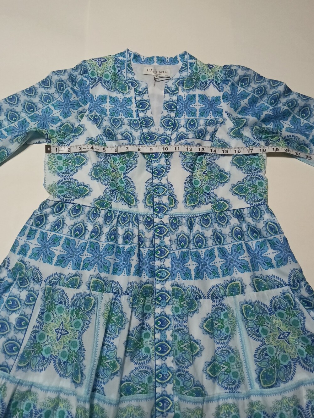 Hale Bob Leela Voile Mini Dress Blue Teal Paisley Tiered Flounce Sleeve Size S - Picture 5 of 14